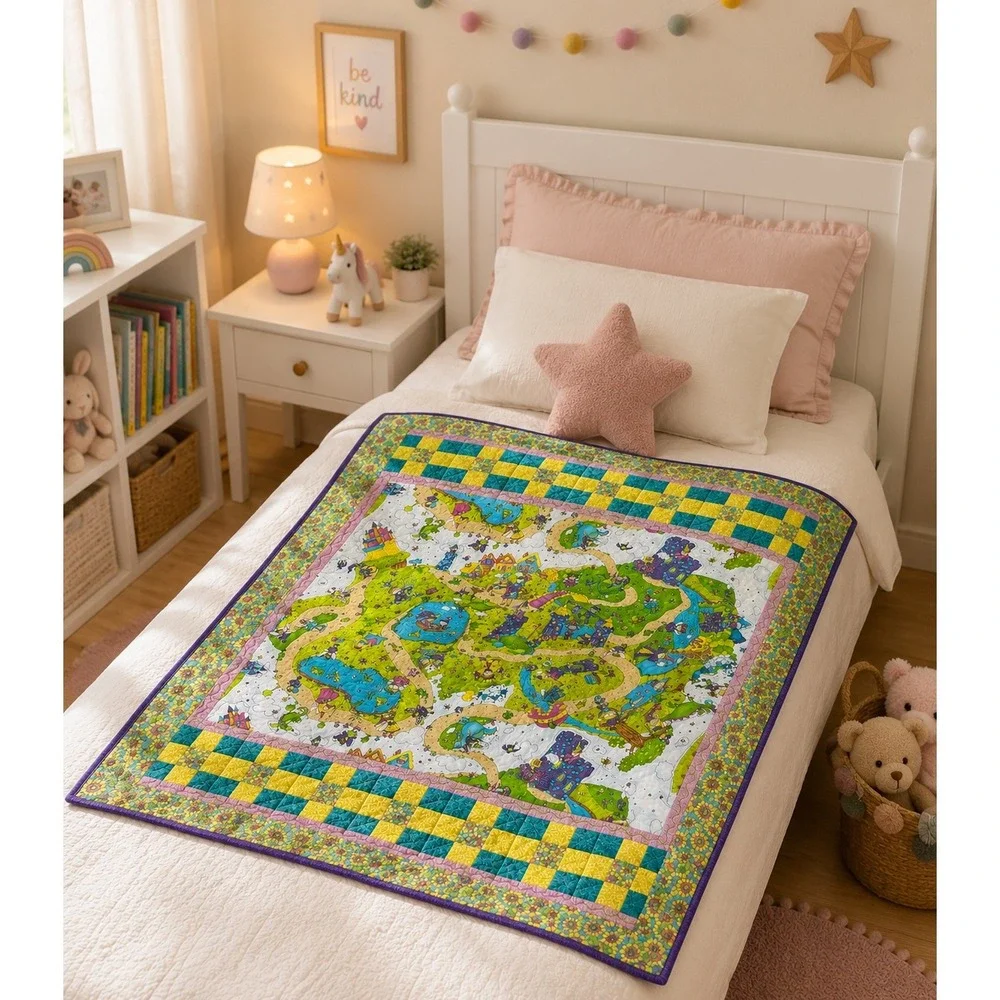 Handmade Fantasy Map Quilt‎ 44x50 Dragon Castle Storybook Blanket